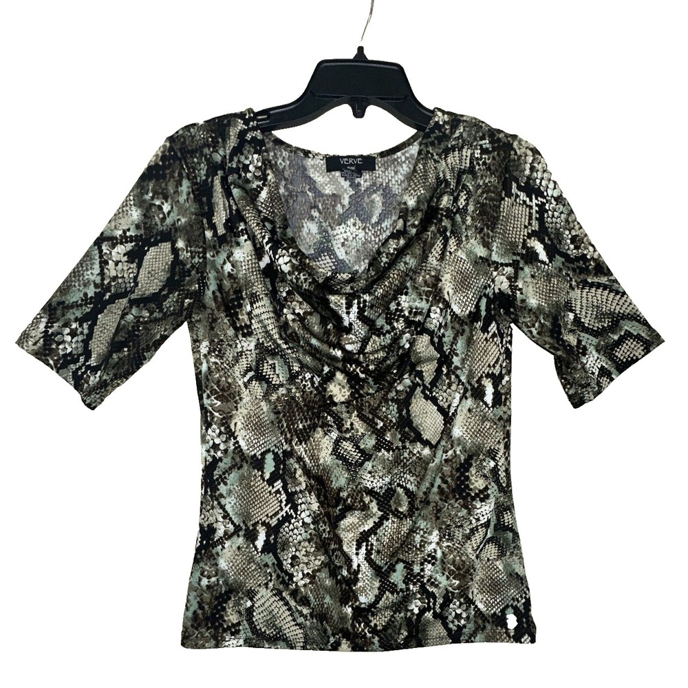 Verve Ami Womens Snakeskin Green Brown Black 3/4 Sleeve Top Draped Shirt Sz S